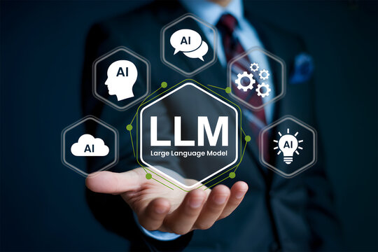 Businessman holding LLM Large Language Model icon surrounded by AI concept symbols