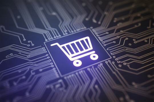 Glowing shopping cart icon on computer circuit board symbolizing digital e-commerce