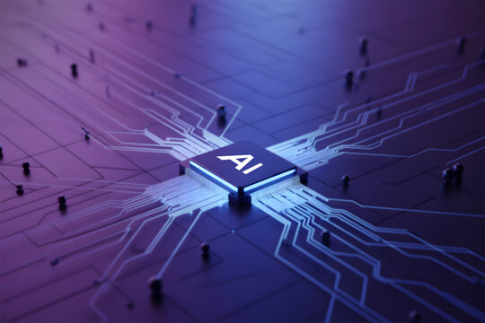 Artificial Intelligence AI processor chip on a glowing futuristic circuit board background