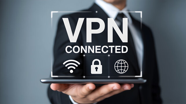 Businessman showing VPN connected message with padlock and network security icons