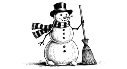 Detailed black and white ink drawing of a classic snowman wearing a top hat and scarf, holding a broom, isolated on transparent background