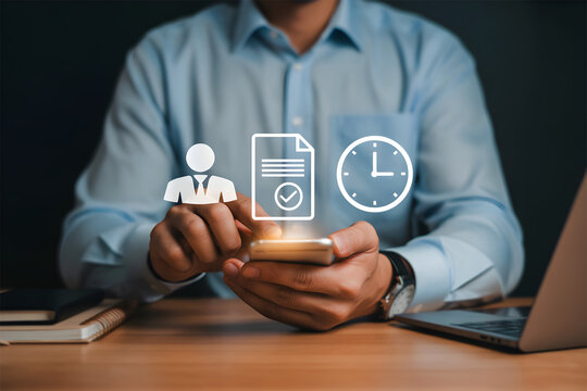 Man using smartphone for online task management with verified document and clock icons