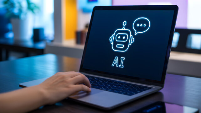 Person typing on laptop with AI chatbot robot icon and speech bubble on the screen