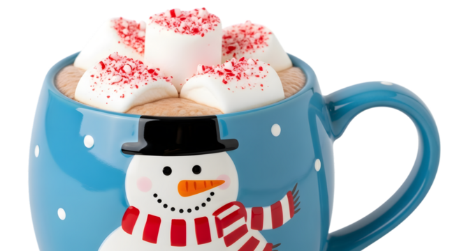 Festive blue mug with a snowman design filled with hot chocolate topped with marshmallows and crushed peppermint, isolated on transparent background