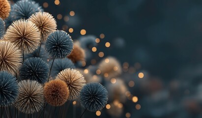 An abstract background featuring blue and beige spiky flowers on a dark textured background with soft bokeh lights for design projects