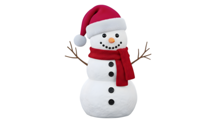 A single snowman wearing a red santa hat and scarf, isolated on transparent background