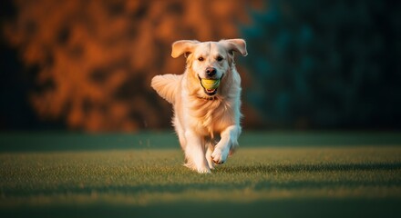 Joyful Golden Retriever Running and Fetching Tennis Ball at Sunset perfect for pet care advertising, animal welfare campaigns, dog