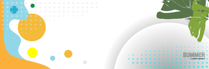 Bright summer background with tropical leaves, colorful dots, and abstract geometric shapes in yellow, blue, and green tones. Perfect for seasonal design and travel ads.