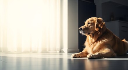 Peaceful Golden Retriever Dog Relaxing in Warm Sunlight Indoors perfect for pet care blogs, home living articles, veterinary