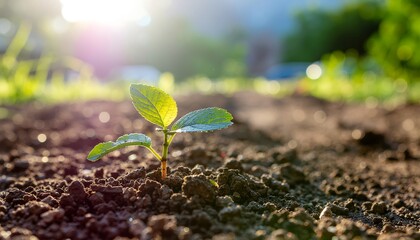 Small sapling bathed in early morning light, symbolizing new growth, fresh start, nature, and gardening, with soft sunlight and vibrant green leaves.