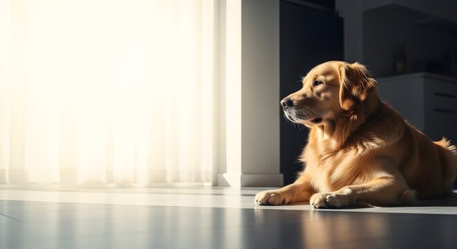 Peaceful Golden Retriever Dog Relaxing in Warm Sunlight Indoors perfect for pet care blogs, home living articles, veterinary