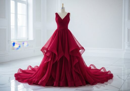 Elegant red ball gown with cascading layers and train