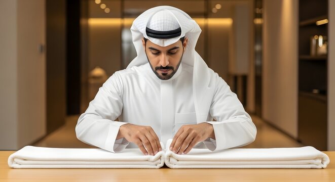 A professional man dressed in traditional Middle Eastern attire is reading a large book in a modern indoor setting, demonstrating focus and cultural appreciation