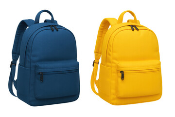 Blue and yellow backpacks displaying school, travel, and campus essentials, ready for education journey, transparent background