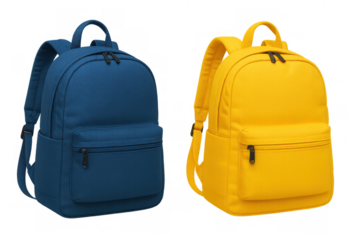 Blue and yellow backpacks displaying school, travel, and campus essentials, ready for education journey, transparent background