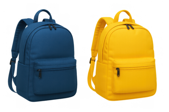 Blue and yellow backpacks displaying school, travel, and campus essentials, ready for education journey, transparent background
