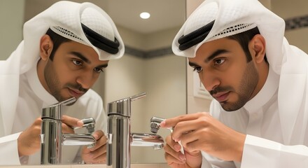Two men wearing traditional Middle Eastern attire are inspecting water from a modern faucet in a well-lit indoor setting