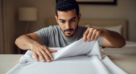A man carefully folding a large piece of white fabric or paper on a table in a cozy indoor setting with warm lighting and a blurred background