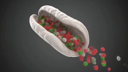 A dynamic 3D rendering of a biological capsule releasing its colorful contents, illustrating cellular processes or advanced drug delivery technology - Powered by Adobe