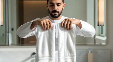 A man with a beard is holding a white towel in a modern bathroom with a mirror and warm lighting, preparing for a shower or skincare routine
