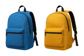 Back to school concept with blue and yellow mochilas, preparing for education and travel on a transparent background