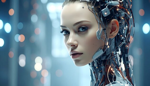 A portrait of a woman merges with robotic elements, her face looking toward the camera. Detailed mechanical components extend from her head - Powered by Adobe