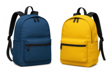 Blue and yellow backpacks displaying student travel accessory concept, ready for school or casual adventure