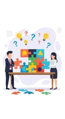 Business team constructing puzzle on table symbolizing collaboration and problem-solving