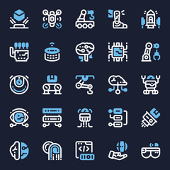 Comprehensive collection of modern technology line icons, featuring robotics, artificial intelligence, automation, and data processing concepts for digital innovation and engineering solutions