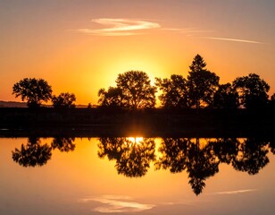 A serene waterscape captures a fiery sunset. Silhouetted trees stand against the golden sky, reflected in the calm lake