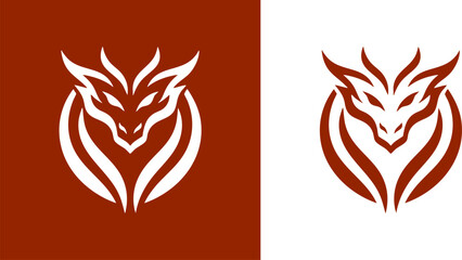 Logo Abstract Dragon Head Icon in Two Color Variations Brown and White, Minimalist Design