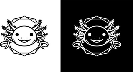 Logo Charming and whimsical axolotl illustration, featuring a smiling amphibian face framed by a decorative geometric outline, perfect for a cheerful and unique design element