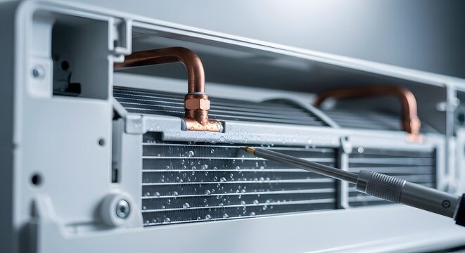 Air Conditioner Servicing: Inspecting Evaporator Coils in Split Unit perfect for HVAC service advertisements, home improvement