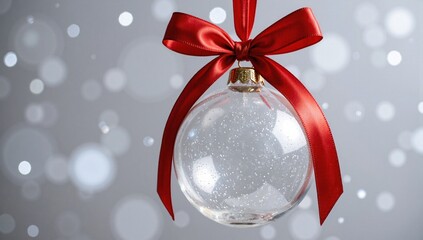 Clear glass Christmas bauble with red ribbon