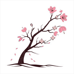 Elegant illustration of a blossoming cherry tree with delicate pink flowers. The graceful branches curve naturally, symbolizing beauty, growth, and renewal. Falling petals create a peaceful and poetic