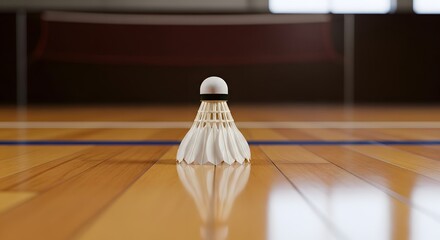 Badminton Shuttlecock Centered on Glossy Wooden Court perfect for sports website banner, fitness blog article, sports club
