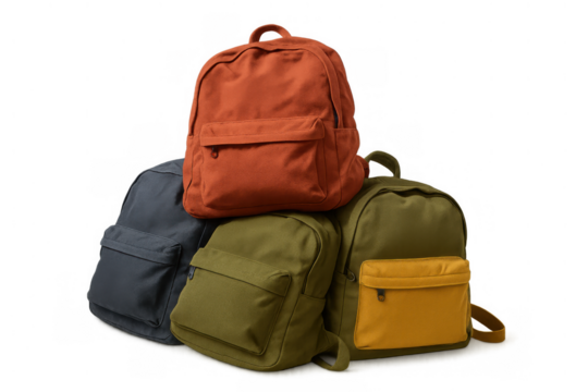 Group of colorful canvas backpacks stacked together, representing school, travel, and education on transparent background