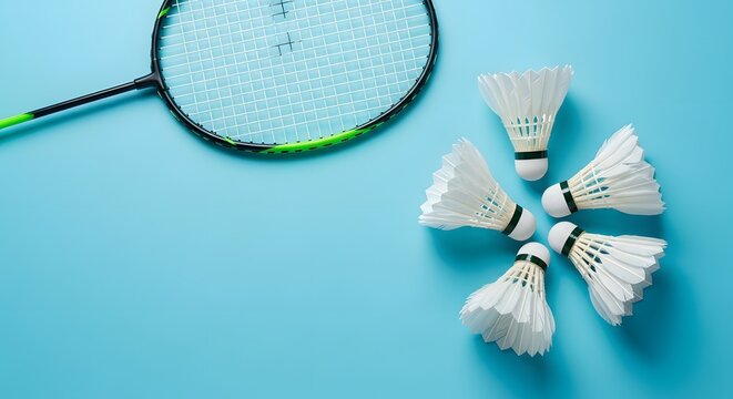 Badminton Racket and Shuttlecocks on Vibrant Blue Background - Flat Lay Sports Equipment perfect for sports websites, health blogs