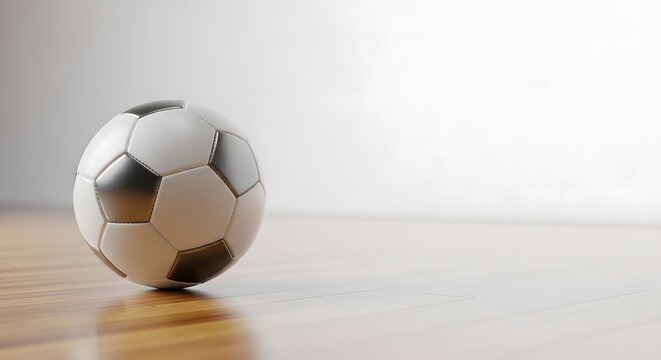 Classic Soccer Ball on Wooden Floor with Ample Copy Space perfect for website banner, header image, advertisement, sports