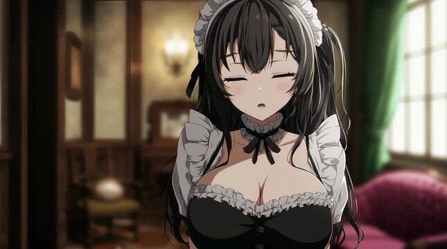 Close Up of Maid Woman Wearing Black and White Uniform in Luxury Modern House Interior