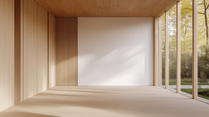 Fototapeta premium Minimalist wooden interior with large windows overlooking nature
