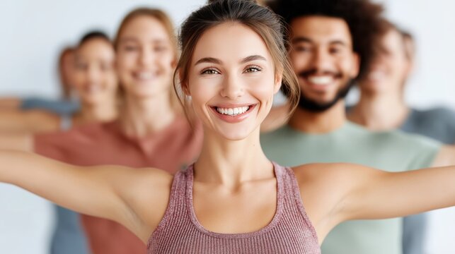 Smiling caucasian female leading group of diverse adults in fitness class