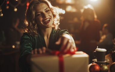 Cozy Christmas Atmosphere with Woman and Wrapped Present. Seasonal gift image. Christmas joy.