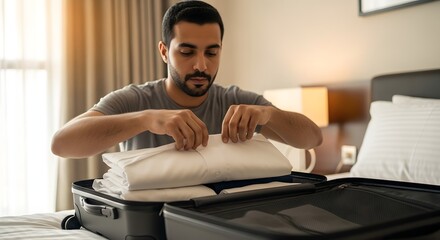 A man packing a suitcase on a bed in a modern hotel room preparing for travel or a trip