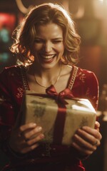 Joyful Woman with Festive Holiday Gift Box. Seasonal gift image. Christmas joy.