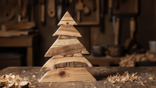 Handcrafted Wooden Christmas Tree Decoration in Workshop Setting.