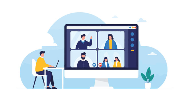 Online video conference meeting with colleagues for remote work concept - Powered by Adobe