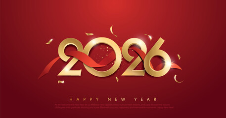 Chinese Happy New Year 2026 banner with golden text and ribbon on red background. Vector illustration.