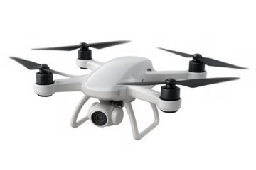 White quadcopter drone with a camera attached, representing modern technology and aerial photography on a transparent background