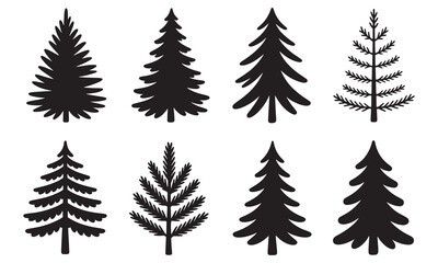 Collection of various fir tree silhouettes isolated on white background art